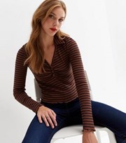 New Look Brown Stripe Fine Knit Ruched Front Collared Polo Top